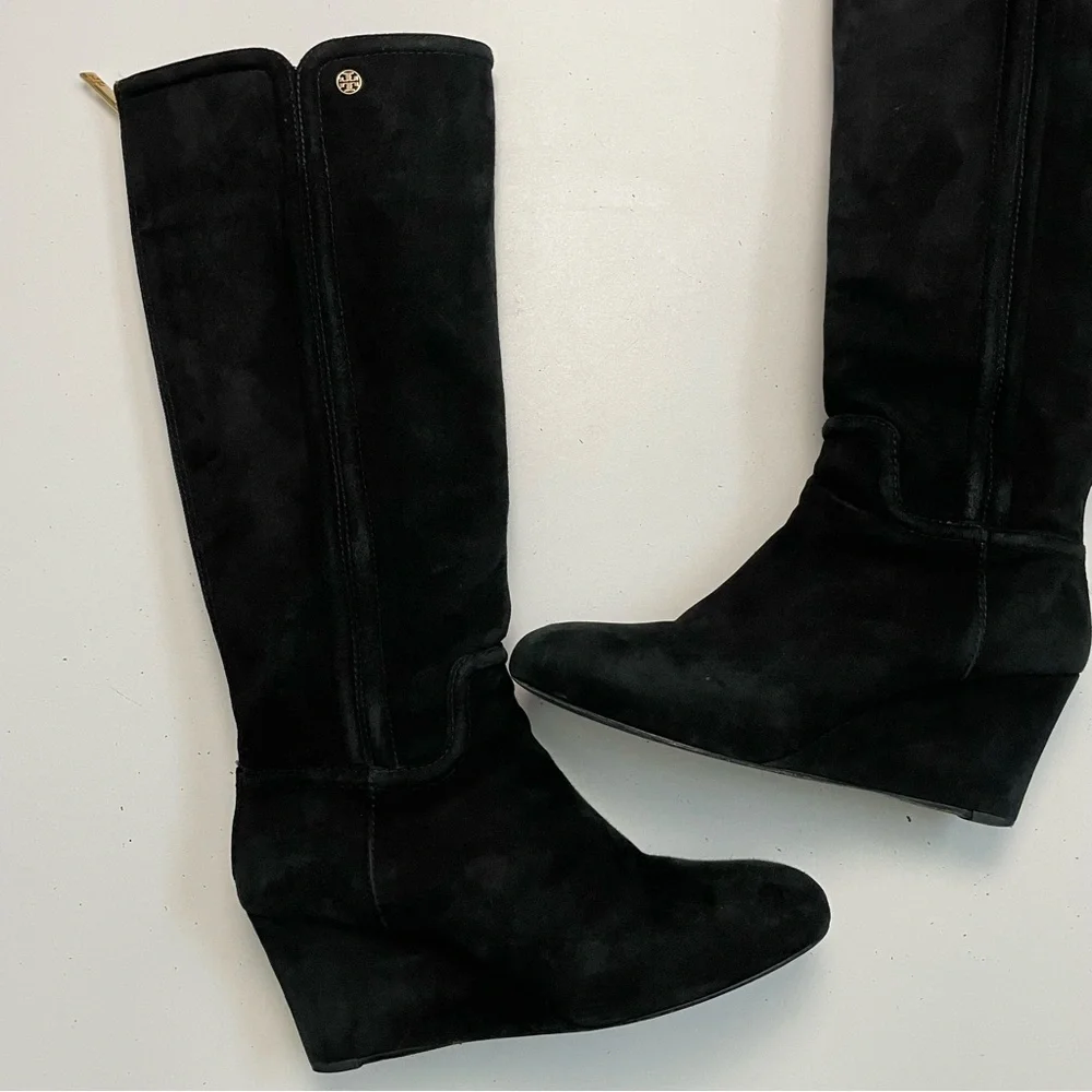 Tory Burch Boots Irene Wedge Tall Softy Suede Leather Logo Black